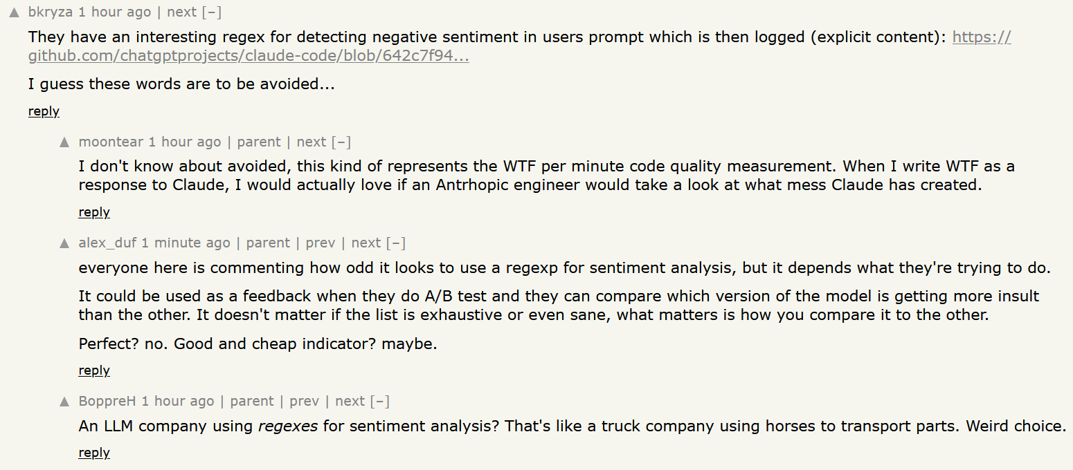 Claude Code uses regex to analyze the sentiment of the user prompt